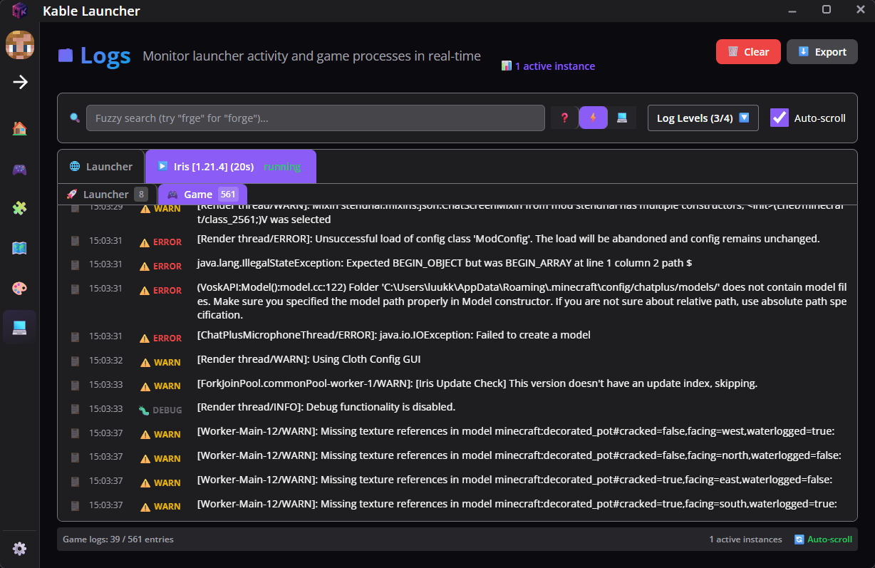 Kable Launcher Debug Logs
